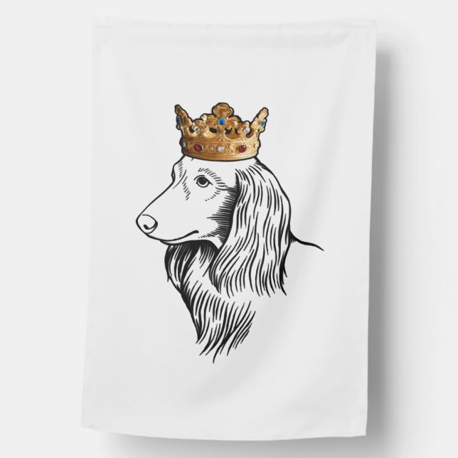 Longhaired Dachshund Dog Wearing Crown House Flag (Front)