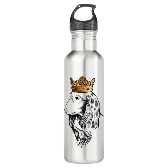 Longhaired Dachshund Dog Wearing Crown Stainless Steel Water Bottle (Front)