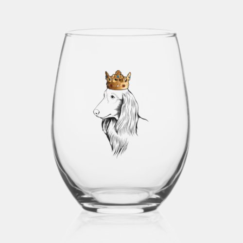 Longhaired Dachshund Dog Wearing Crown Stemless Wine Glass