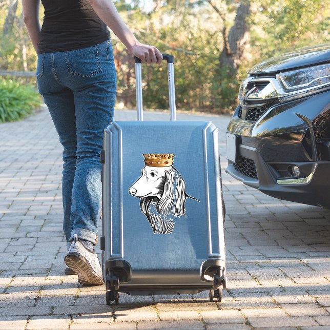 Longhaired Dachshund Dog Wearing Crown Sticker (Suitcase Insitu)