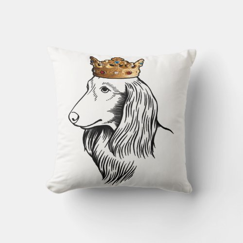 Longhaired Dachshund Dog Wearing Crown Throw Pillow