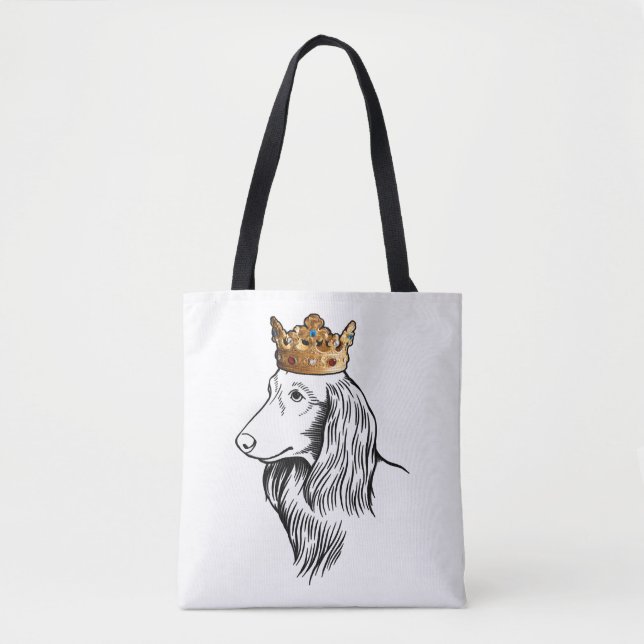 Longhaired Dachshund Dog Wearing Crown Tote Bag (Front)