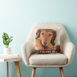 Longhaired Dachshund Doxie Love Red Rose Throw Pillow