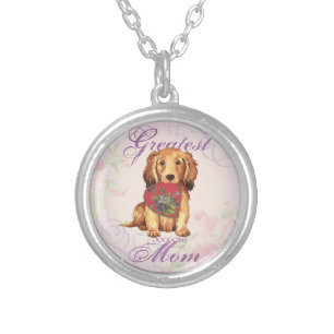 Longhaired Dachshund Heart Mom Silver Plated Necklace
