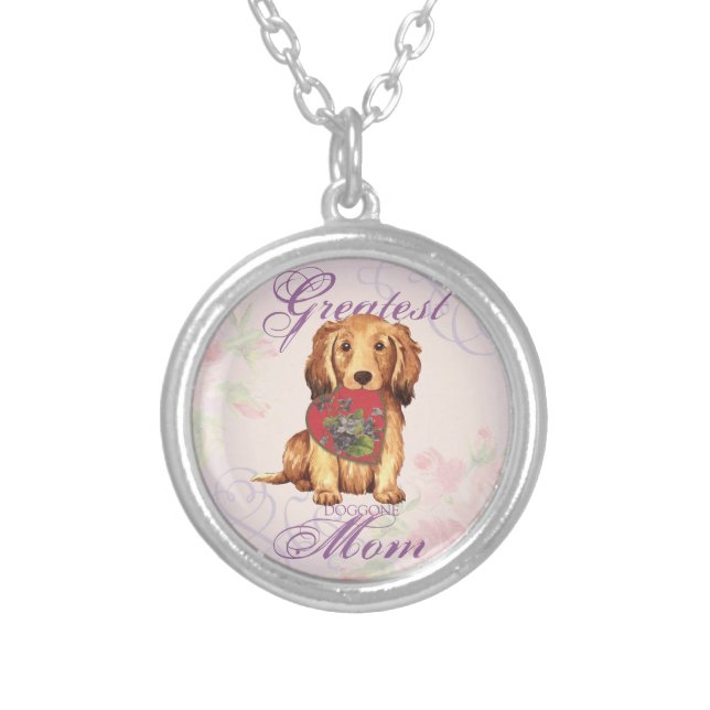 Longhaired Dachshund Heart Mom Silver Plated Necklace (Front)