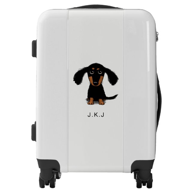 Longhaired Dachshund Puppy with Custom Text Luggage (Front)