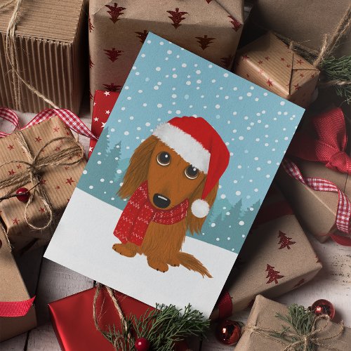 Longhaired Dachshund Santa Wiener Dog Christmas Holiday Card