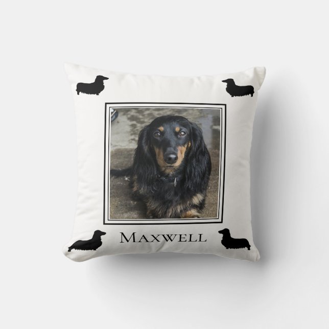 Longhaired Dachshund Silhouette Photo Personalized Throw Pillow (Front)