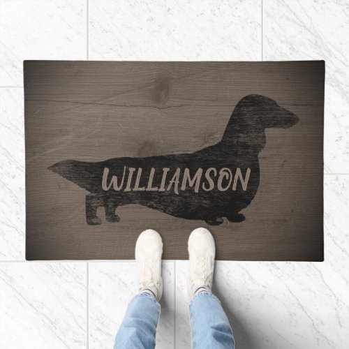 Longhaired Dachshund Silhouette Rustic Custom Doormat