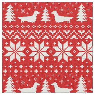 Longhaired Dachshund Silhouettes Christmas Pattern Fabric