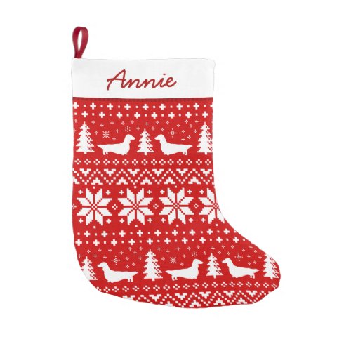 Longhaired Dachshund Silhouettes Pattern Red Small Christmas Stocking