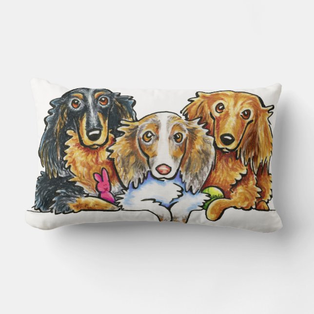 Longhaired Dachshund Trio Lumbar Pillow (Front)