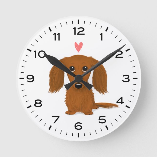 Longhaired Dachshund with Valentine Heart Cute Dog Round Clock (Front)