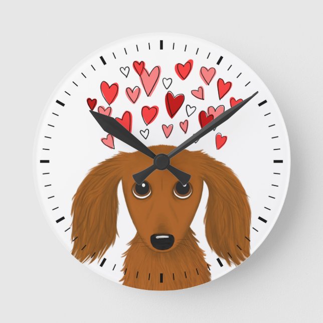 Longhaired Dachshund with Valentine Hearts Cute Round Clock (Front)