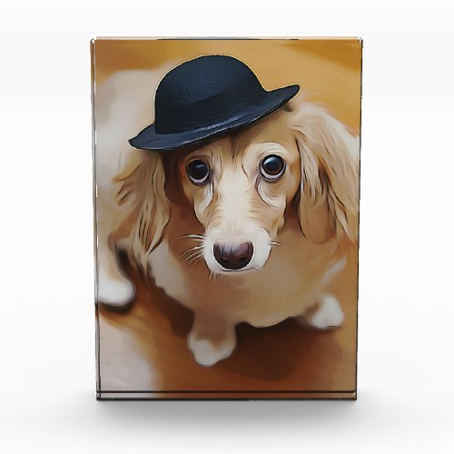 Longhaired English Cream Dachshund Wearing Hat Pos Photo Block
