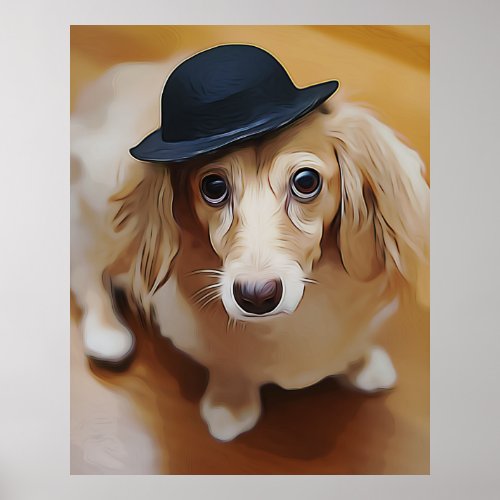Longhaired English Cream Dachshund Wearing Hat Poster
