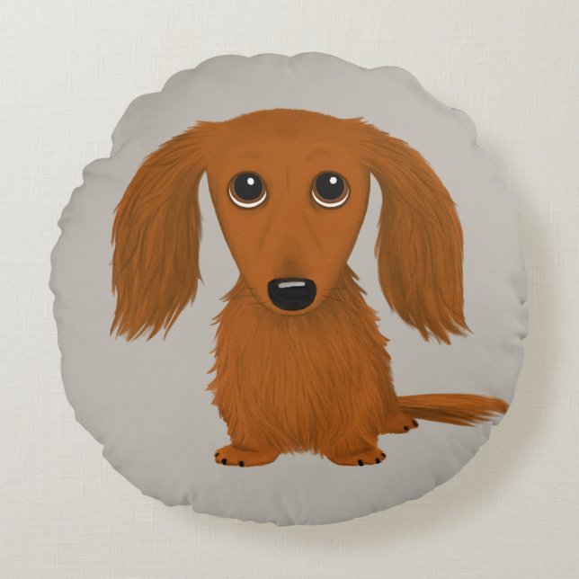Longhaired Red Dachshund | Cute Cartoon Wiener Dog Round Pillow (Front)