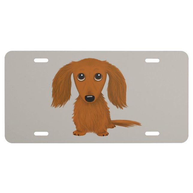 Longhaired Red Dachshund | Cute Doxie Cartoon Dog License Plate (Front)