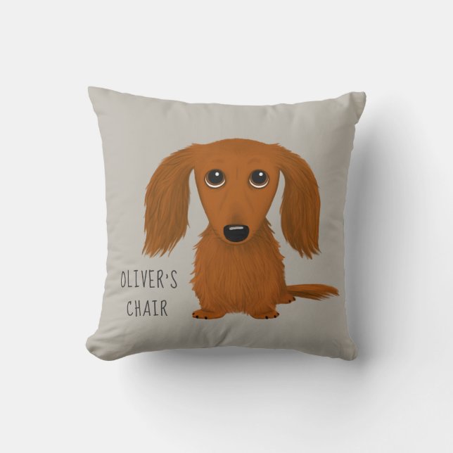 Longhaired Red Dachshund | Cute Doxie Personalized Throw Pillow (Front)
