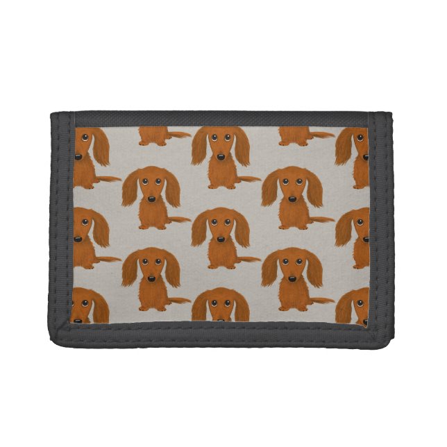 Longhaired Red Dachshund Pattern | Wiener Dogs Trifold Wallet (Front)