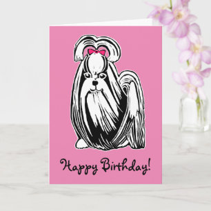 Longhaired Shih Tzu Dog Pink Happy Birthday Card