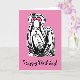Longhaired Shih Tzu Dog Pink Happy Birthday Card