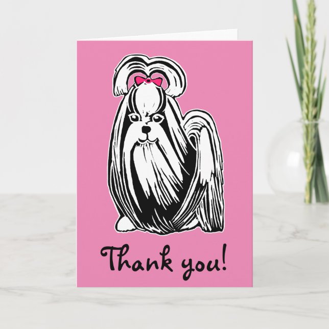 Longhaired Shih Tzu Dog Pink Thank You Card (Front)