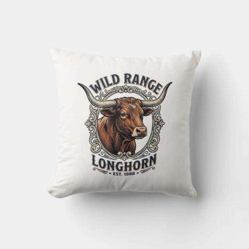 Longhorn Bull Graphic Vintage Engraving Western Ar Throw Pillow