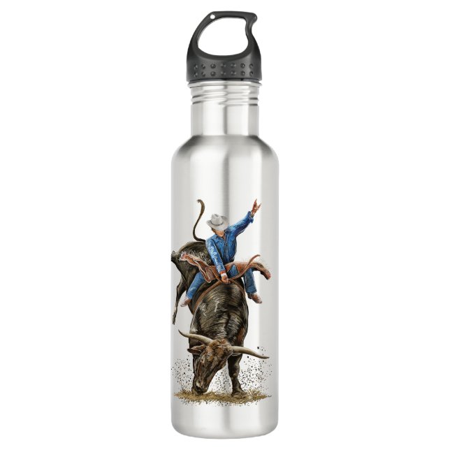 Longhorn Bull Rider Rodeo Power Sport Western Art Stainless Steel Water Bottle (Front)