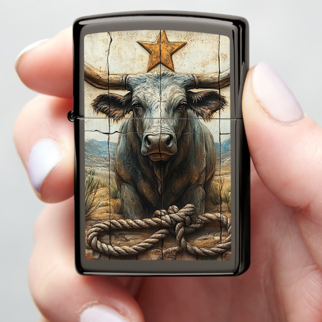  Longhorn Bull Rope Gold Star Desert Mountains Zippo Lighter (In Hand)
