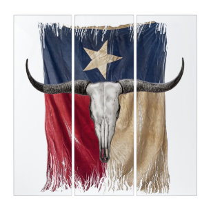 Longhorn Bull Skull Distressed Worn Texas Flag Triptych