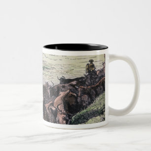 Longhorn cattle drive from Texas to Abilene, Kansa Two-Tone Coffee Mug