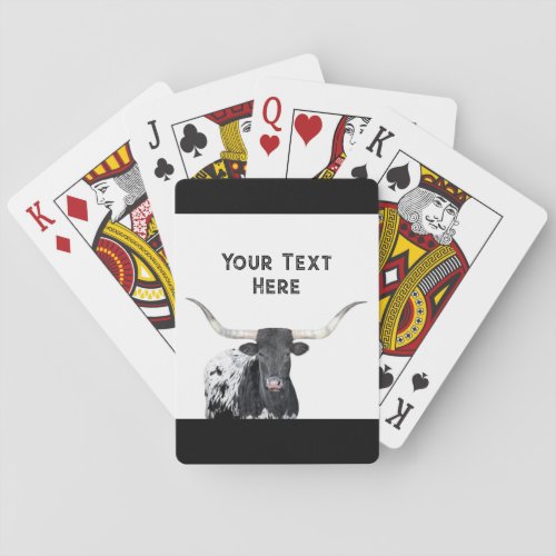 longhorn cow black and white add your text playing cards