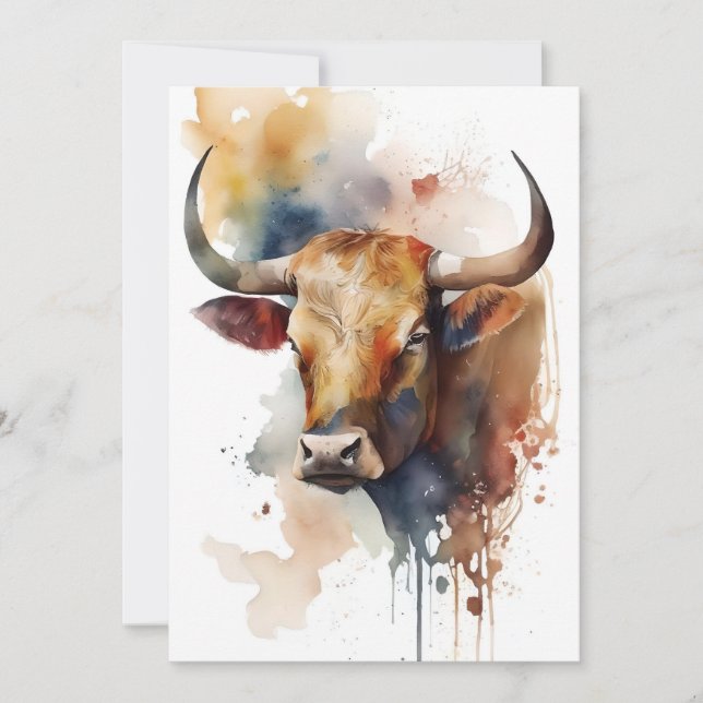 Longhorn Cow In Watercolors Holiday Card (Front)