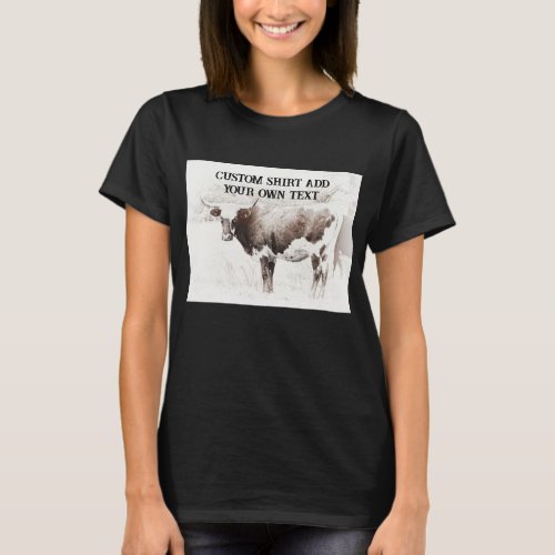  longhorn cow sepia photo art add your own text T_Shirt