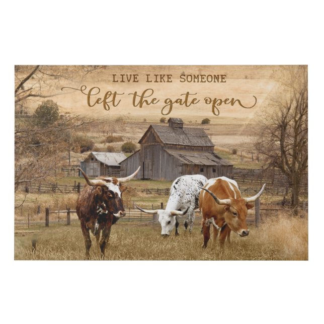Longhorn Cow The Gate Open Motivational Faux Canvas Print (Front)