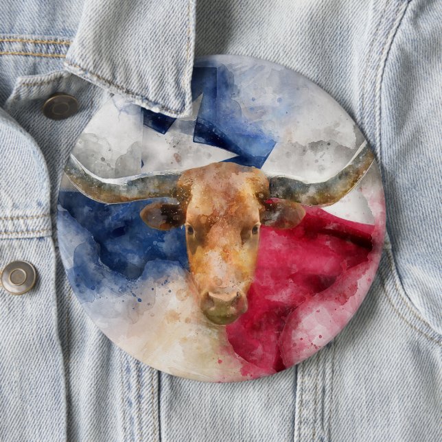 Longhorn cow with Texas Flag Map Watercolor Button (In Situ)