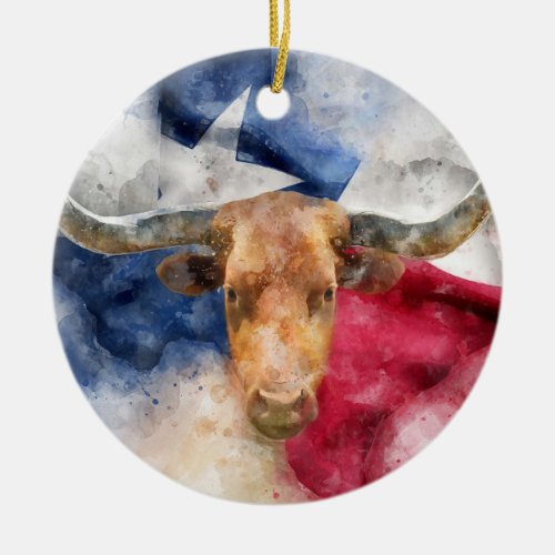 Longhorn cow with Texas Flag Map Watercolor Ceramic Ornament