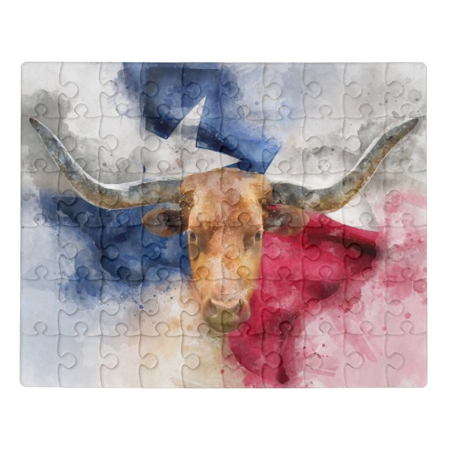 Longhorn cow with Texas Flag Map Watercolor Jigsaw Puzzle (Puzzle Horizontal)
