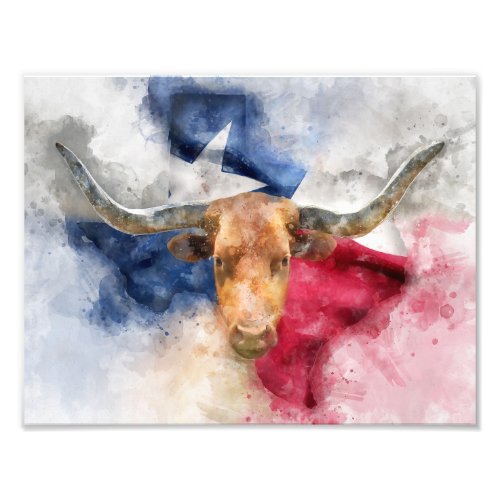 Longhorn cow with Texas Flag Map Watercolor Photo Print