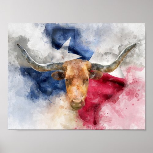 Longhorn cow with Texas Flag Map Watercolor Poster