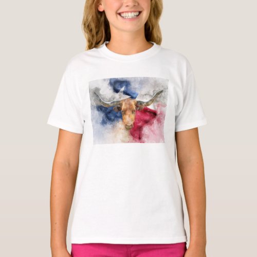 Longhorn cow with Texas Flag Map Watercolor T_Shirt