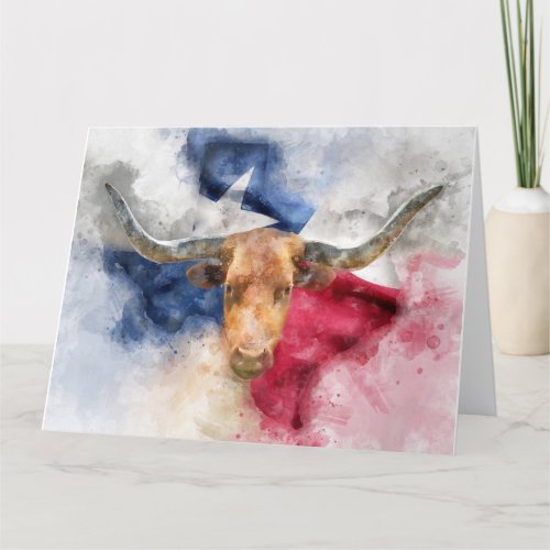 Longhorn cow with Texas Flag Map Watercolor Thank You Card