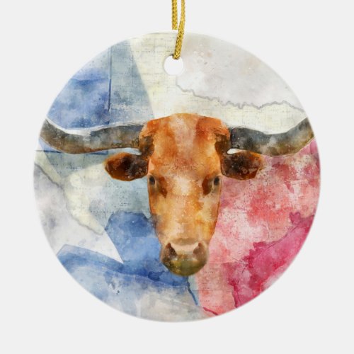 Longhorn cow with Texas map and Flag Watercolor Ceramic Ornament