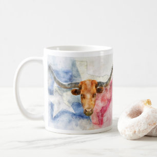 Longhorn cow with Texas map and Flag Watercolor Coffee Mug
