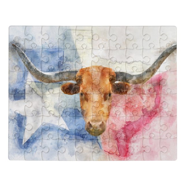 Longhorn cow with Texas map and Flag Watercolor Jigsaw Puzzle (Puzzle Horizontal)