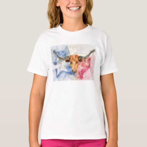 Longhorn cow with Texas map and Flag Watercolor T_Shirt