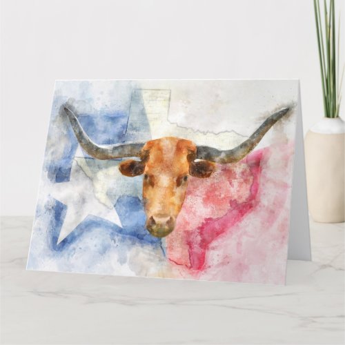 Longhorn cow with Texas map and Flag Watercolor Thank You Card