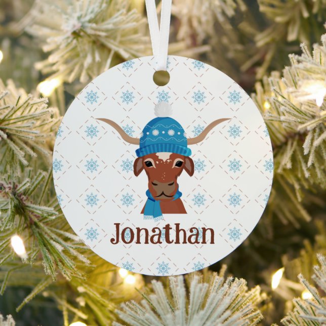Longhorn in Bright Blue Ski Cap and Scarf Photo Metal Ornament (Insitu)