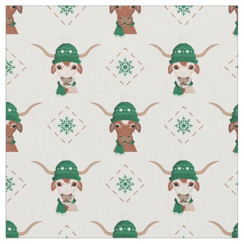 Longhorn in Green Ski Cap and Scarf Pattern Fabric
